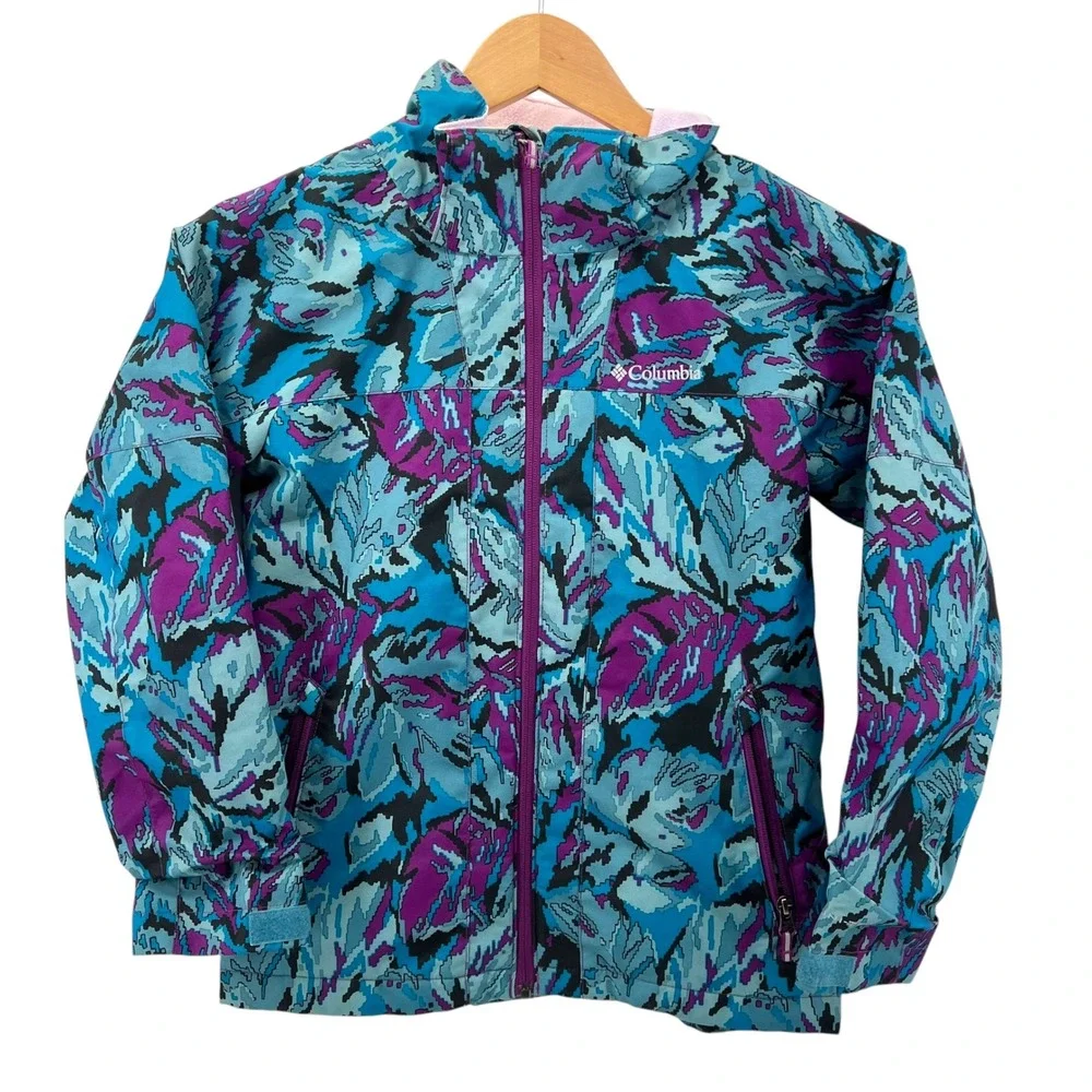 Columbia Kids Blue Purple Leaf Print Interchange Jacket Shell Outgrown M 10/12